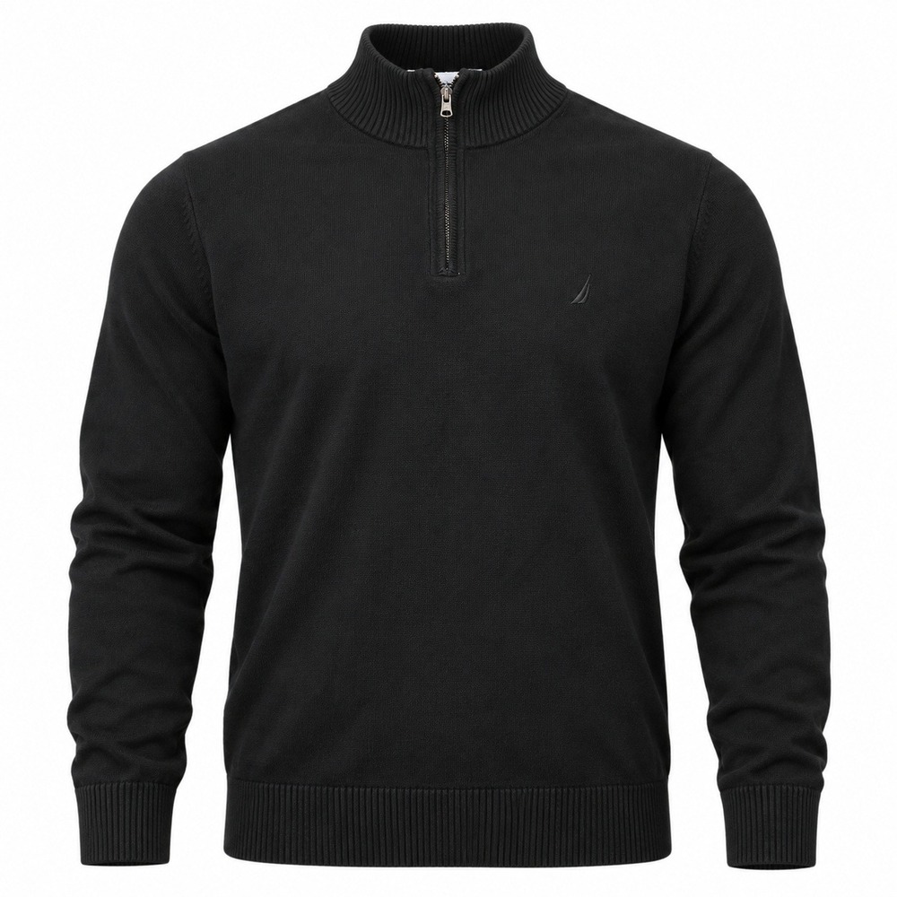 Nautica Mens XL Black Pima Cotton Blend Quarter Zip Mock Neck Sweater Logo